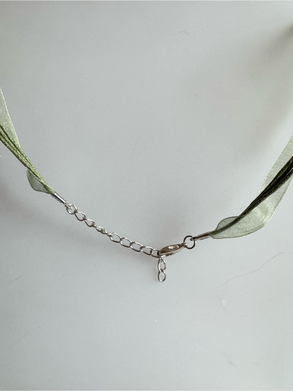Antique Silver Toned 16”-18” Cross Necklace, Green Ribbon Cord NWOT - Picture 4 of 5